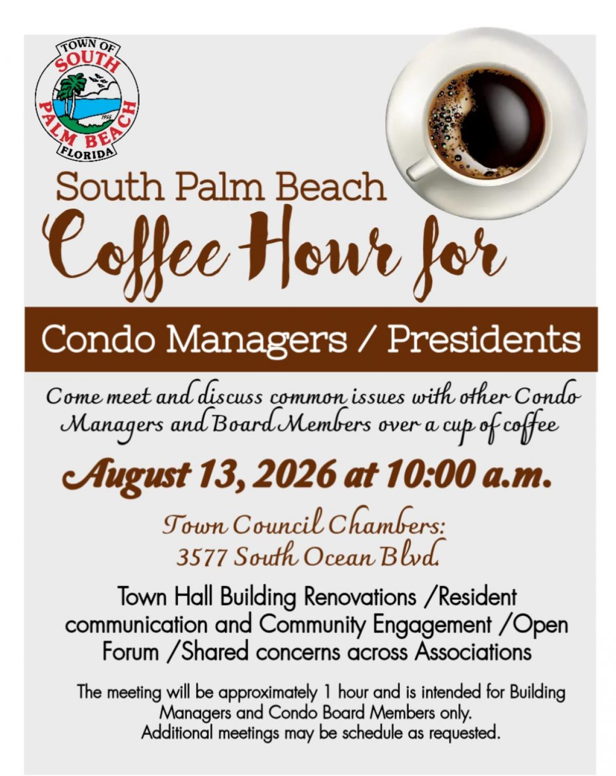 8-13-2026 Coffee Hour for Condo Managers and Board Members Flyer